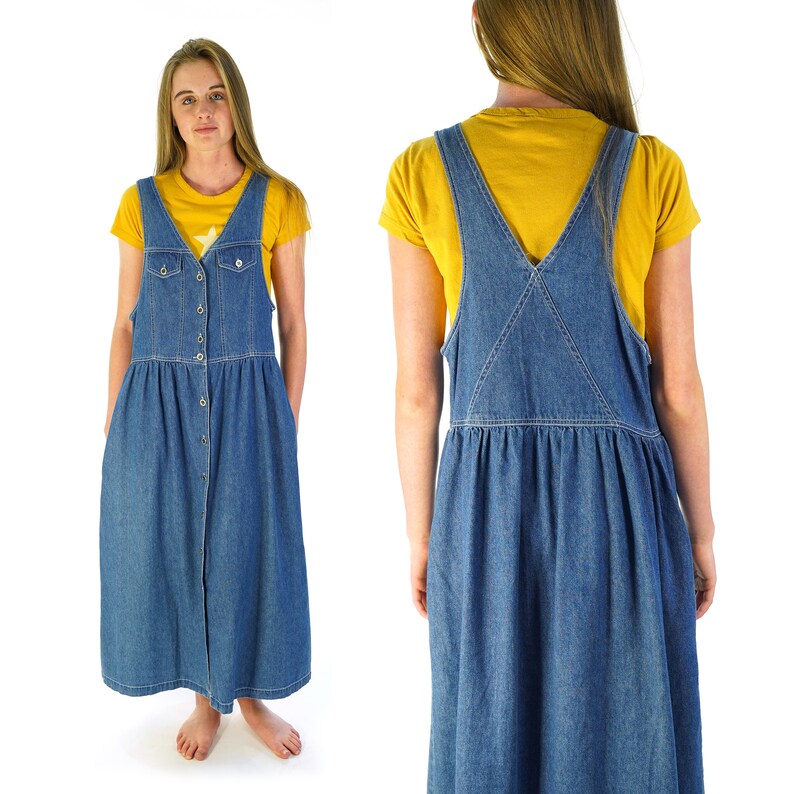 Denim Dress with Pockets Vintage 90s Grunge Button Down Maxi Length Sundress Size Small