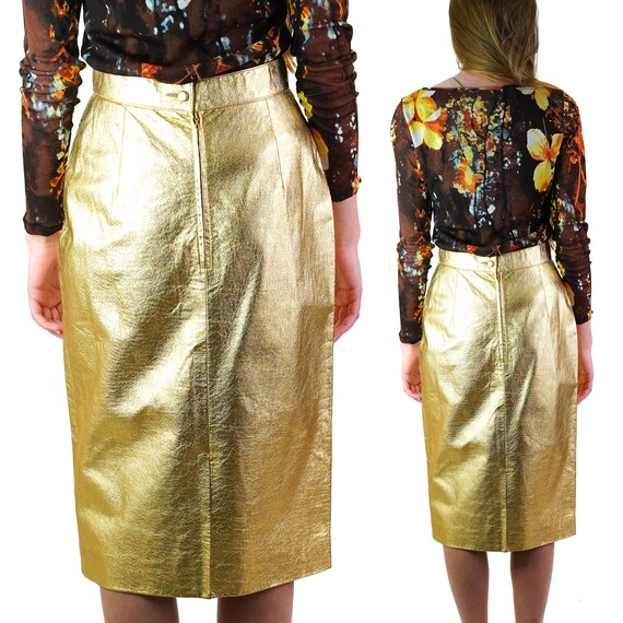 French Metallic Gold Leather Pencil Skirt Women/'s Size Small Vintage 70s