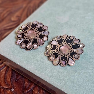 Vintage 70s Abalone & Onyx Sterling Earrings from Mexico