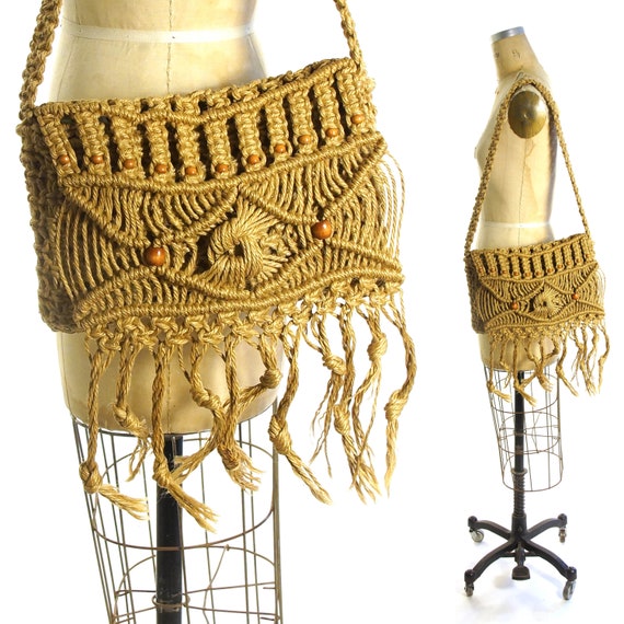 Macrame Purse Vintage 70s Handmade Sisal Basket Ba