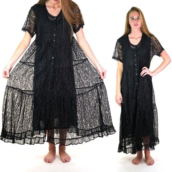 Starina Black Lace Button Down Babydoll Maxi Dress