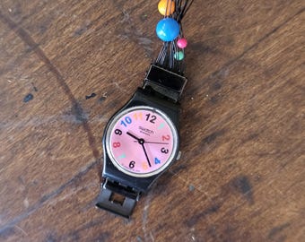 Rare Vinatge 90s Colorful Swatch Watch With Beaded Band