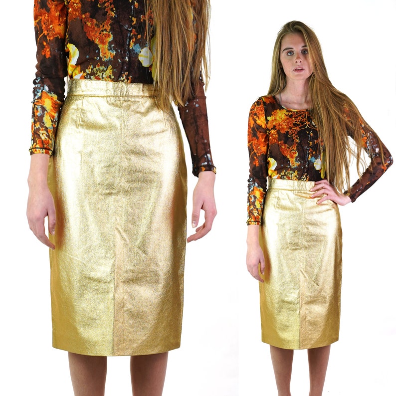 French Metallic Gold Leather Pencil Skirt Women/'s Size Small Vintage 70s
