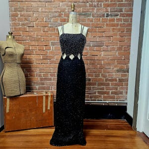 Vintage 80s Open Back Beaded Cut Out Evening Gown