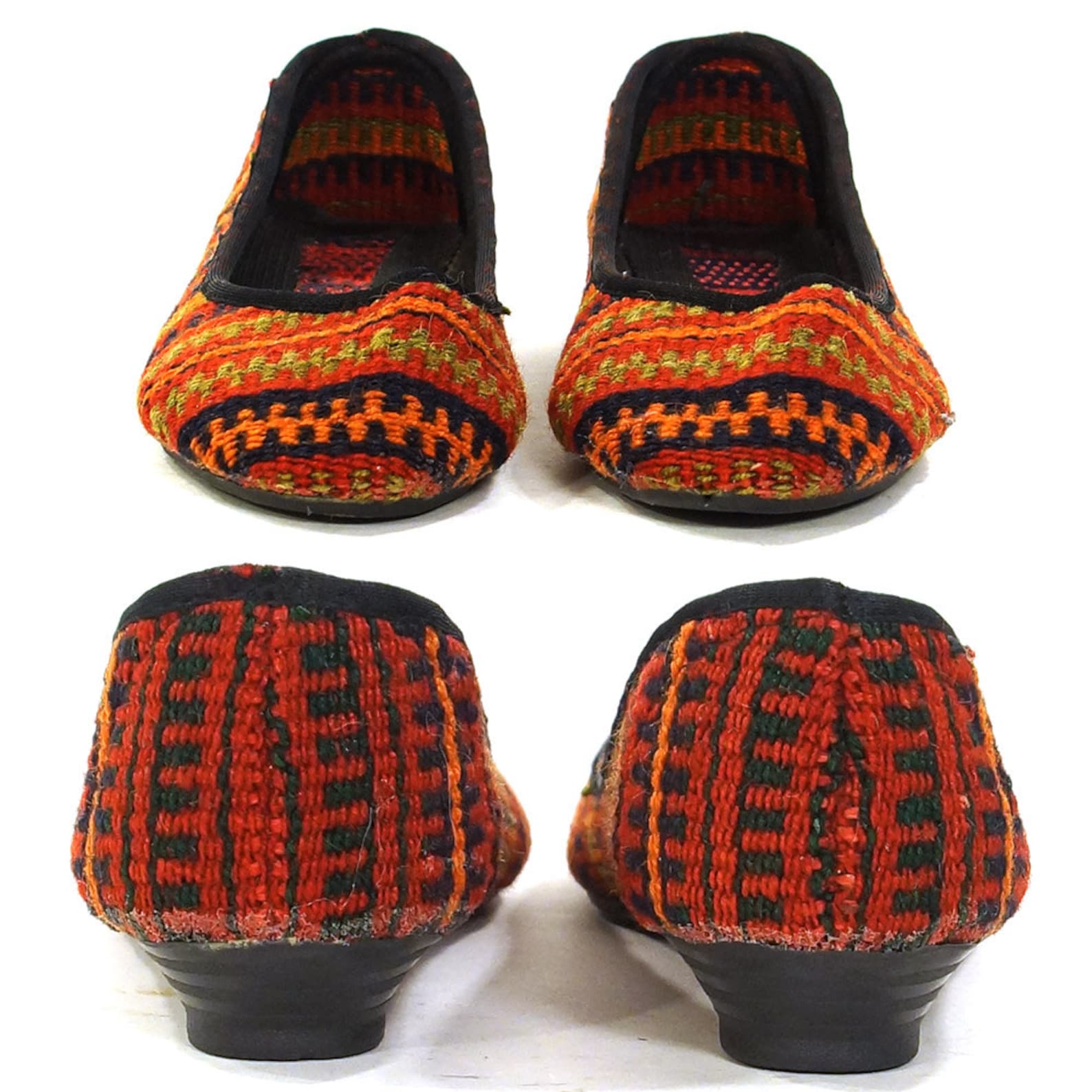 kilim ballet flats vintage 90s slip on carpet loafers woven ethnic boho hippie southwestern tapestry shoes round toe stripe patt
