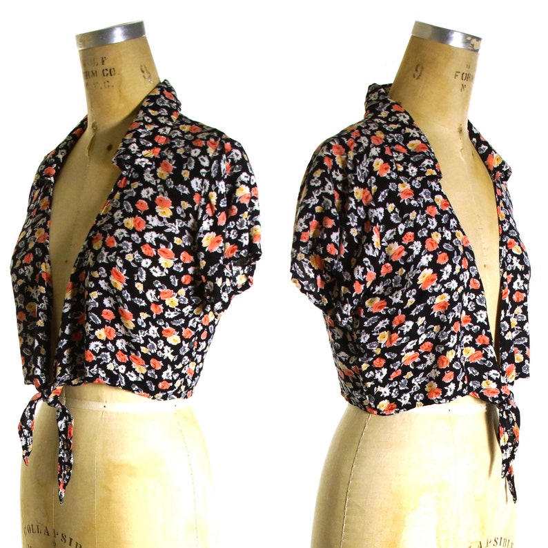 Cropped Rayon Blouse Vintage 90s Short Sleeve Floral Tie Top Women/'s Medium