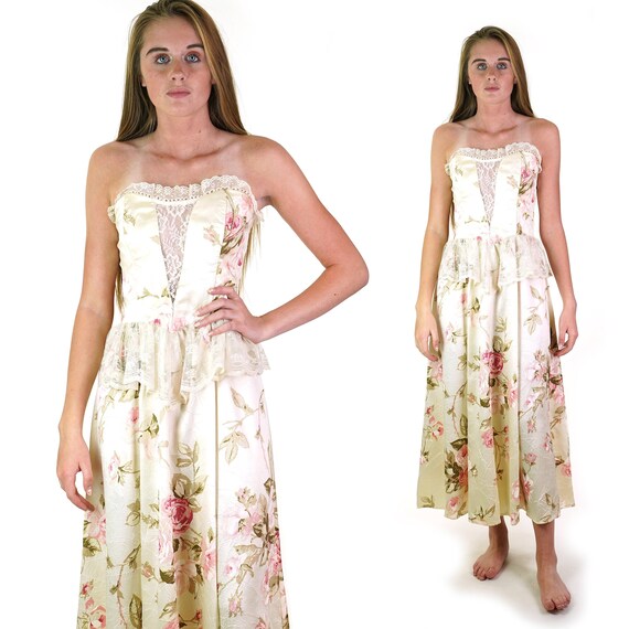 Gunne Sax Satin Strapless Dress with Cabbage Rose