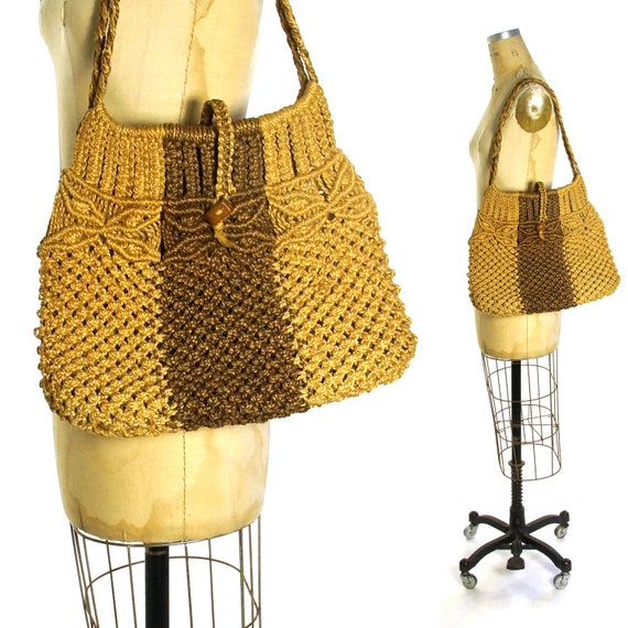Macrame Purse Vintage 70s Handmade Sisal Basket Ba