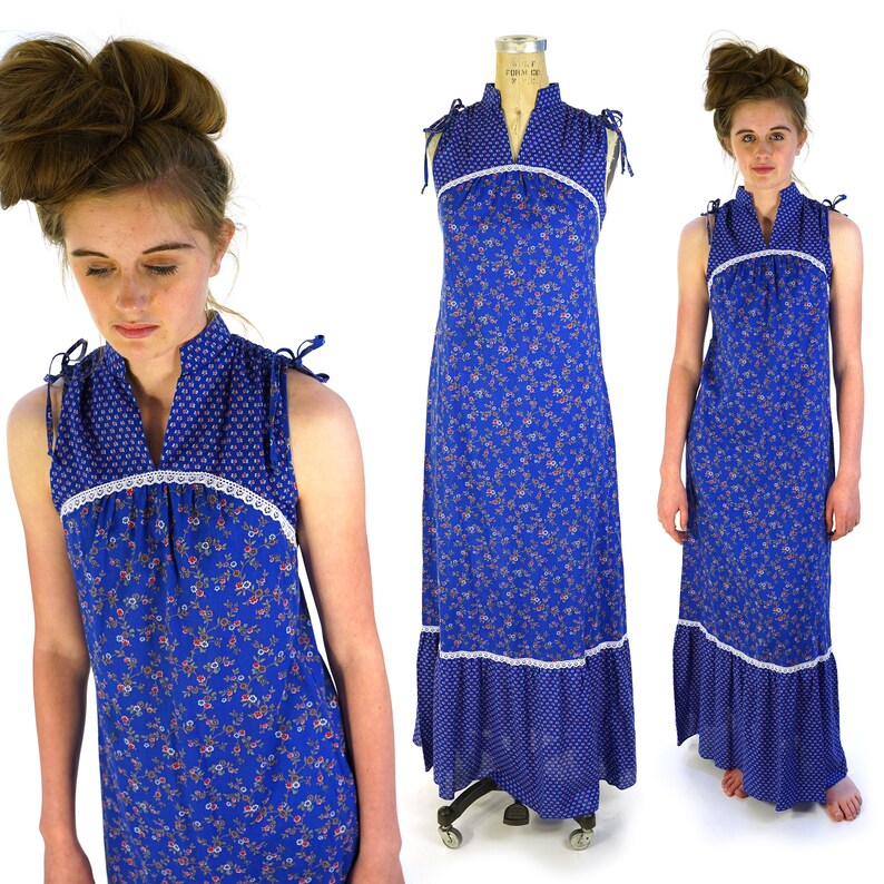 Indian Cotton Sundress Vintage 70s Handmade Boho Sleeveless Maxi Dress Size Extra Small