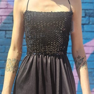 Vintage 80s Black Liquid Cocktail Dress with Sequin Bodice