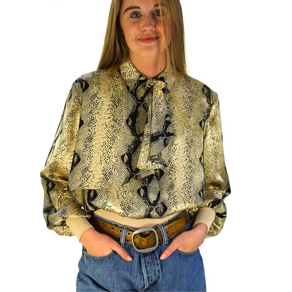 Neiman Marcus Snake Print Blouse with Ruffle Colla