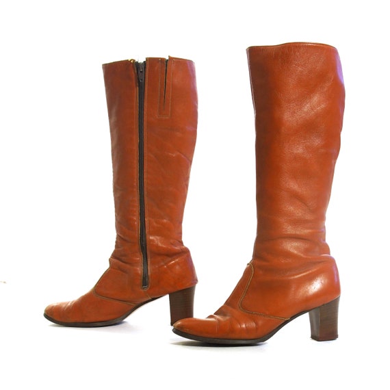 70s Leather GoGo Boots Vintage Knee High Brown Hip