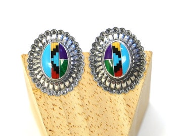 Sterling Silver Earrings with Stone Inlay for Pierced Ears Vintage 80s Southwestern American