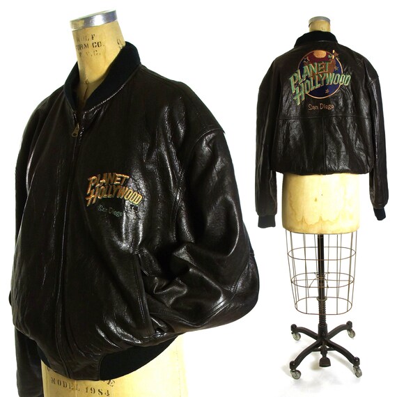Reversible Planet Hollywood Brown Leather Er Jacket Vintage 80s San Go Flight Uni Style Size Large 51 Chest