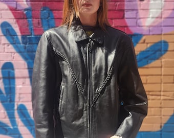 Vintage 90s Black Leather Motorcycle Jacket with Removable Lining