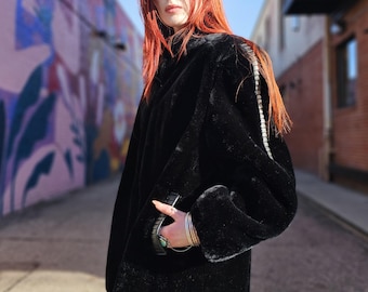 Vintage 80s Black Faux Fur Coat with Faux Leather Trim