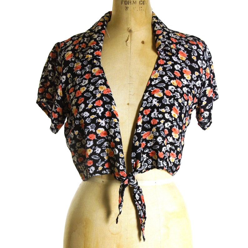 Cropped Rayon Blouse Vintage 90s Short Sleeve Floral Tie Top Women/'s Medium