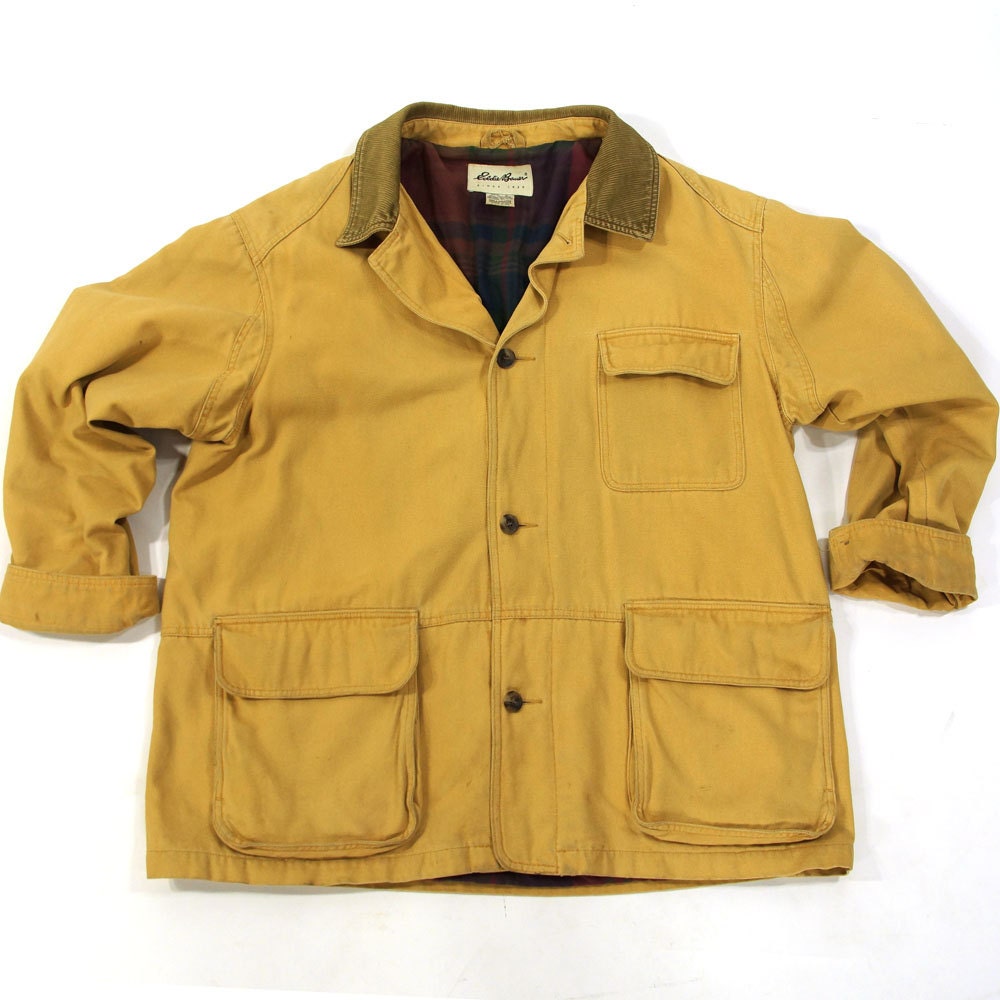 80s Eddie Bauer Field Jacket / Vintage 1980 Canvas Hunting Jacket Barn Coat Sportsman Flannel Lining Corduroy Collar Cargo Pocket Mens Large
