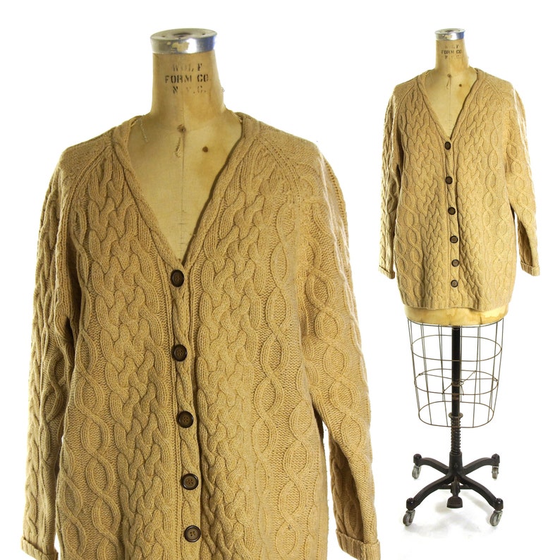 SOFT Lambswool Sweater Vintage 90s Oversized Slouchy /& Long Camel Cableknit Wool Cardigan Women/'s Size Medium