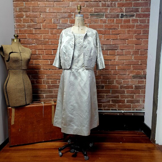 dupioni silk dress with jacket Vintage 60s Beaded Silk Dupioni Shift Dress & Jacket in Oyster Color