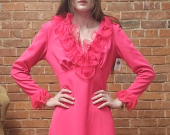 Vintage 70s Hot Pink Polyester Ruffle Collar Evening Gown