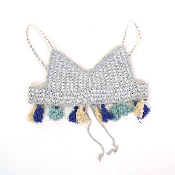 Crochet Bikini Top with Tassels Women's Size Small