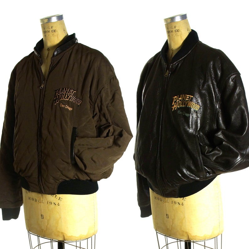 Reversible Planet Hollywood Brown Leather Er Jacket Vintage 80s San Go Flight Uni Style Size Large 51 Chest