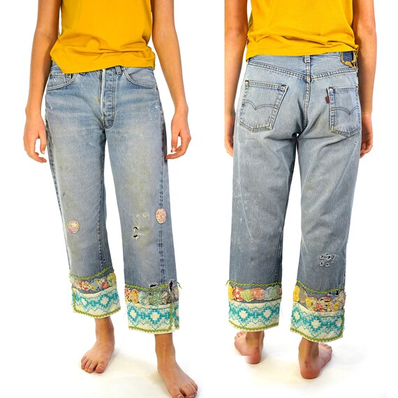Levi's 501 Jeans Distressed & Altered with Boho Pa