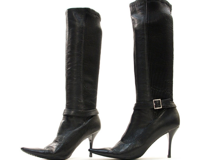 Sz 7.5 Calvin Klein Knee High Leather Stiletto Boots With Etsy