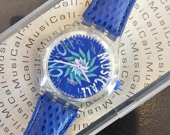 Vintage 90s Musical Swatch Watch with Blue Leather Snake Band