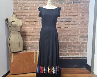 Vintage 30s Crepe Evening Gown with Velvet Flowers