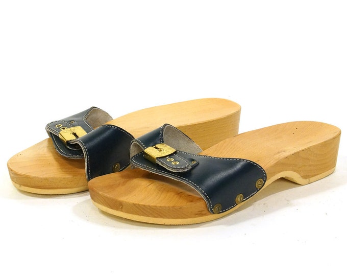 Dr Scholl's Wooden Clog Sandals in Navy Blue / Vintage Etsy