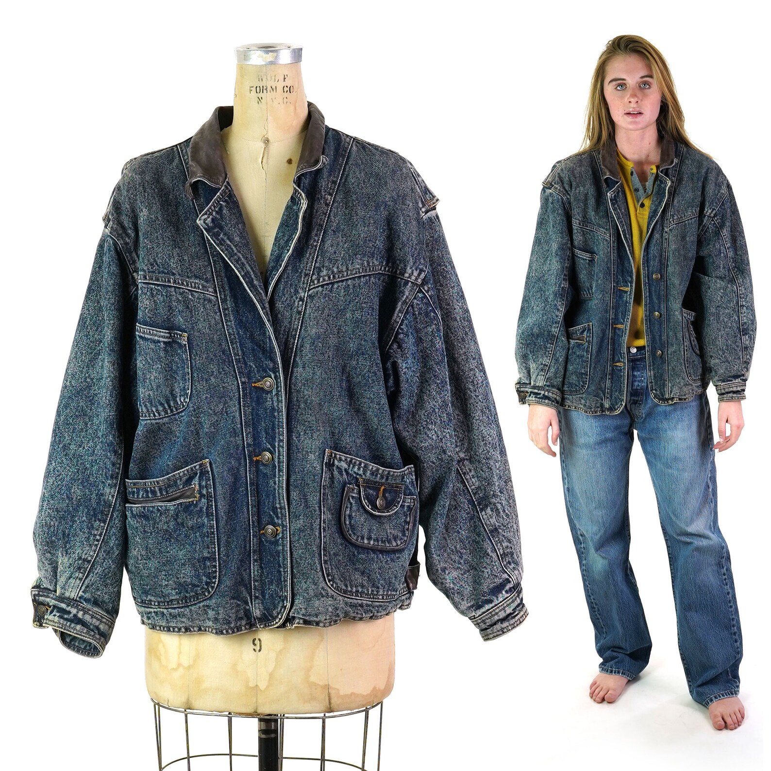 Denim Jacket with Leather collar