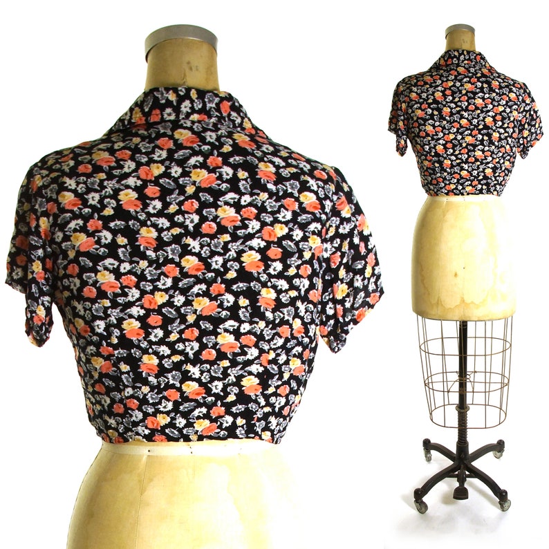 Cropped Rayon Blouse Vintage 90s Short Sleeve Floral Tie Top Women/'s Medium