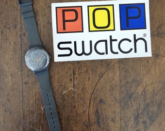 Vintage 1985 Black Swatch Watch with Striped Face