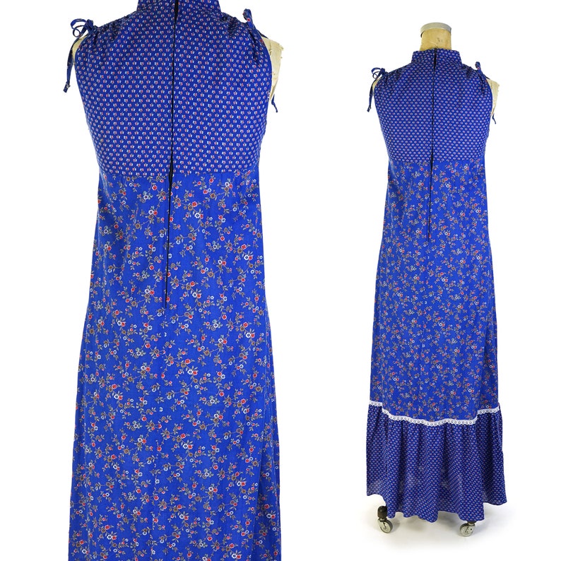 Indian Cotton Sundress Vintage 70s Handmade Boho Sleeveless Maxi Dress Size Extra Small