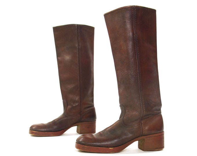 70s Leather Campus Boots / Vintage 1970s Dark Brown Pull on Knee High ...