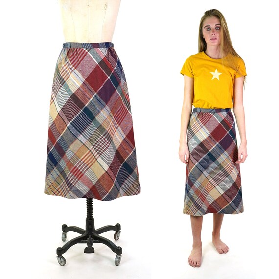 Plaid Wool Handmade A-Line Skirt Vintage 70s Size