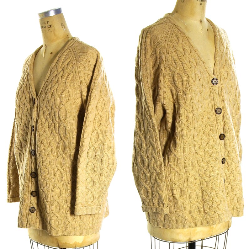 SOFT Lambswool Sweater Vintage 90s Oversized Slouchy /& Long Camel Cableknit Wool Cardigan Women/'s Size Medium