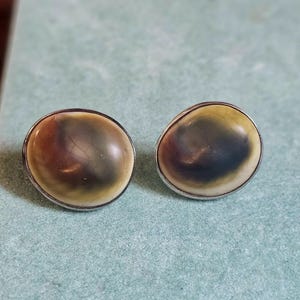 May include: A pair of round stud earrings. Each earring features a mottled, oval-shaped stone in shades of brown, green, and cream, set in a silver-colored metal bezel. The earrings are displayed on a light blue surface.
