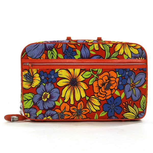 60s Floral Suitcase / Vintage Small Soft Sided Bohemian Hippie Travel Bag with Bright Flower Print & Red Vinyl Trim