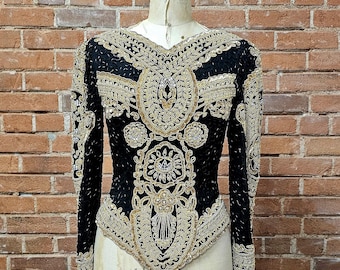 Vintage 80s Beaded Black Silk Blouse