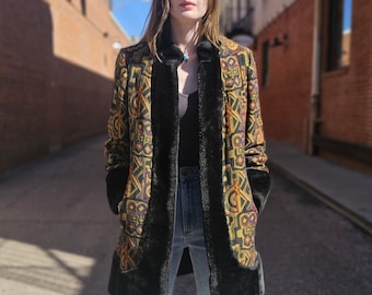 Vintage 70s Tapestry Coat with Faux Fur Trim