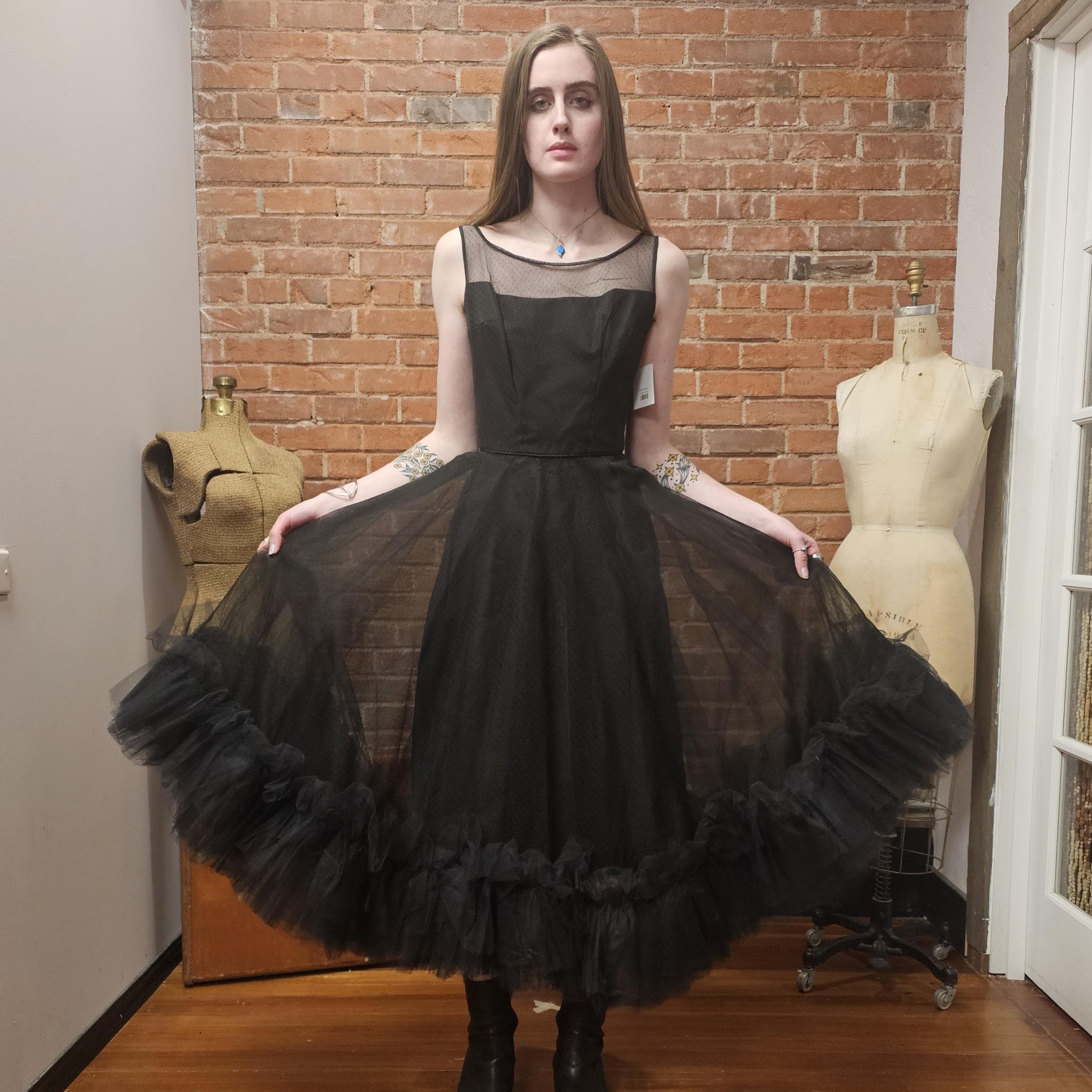 Vintage 50s Prom Dress in Black Tulle