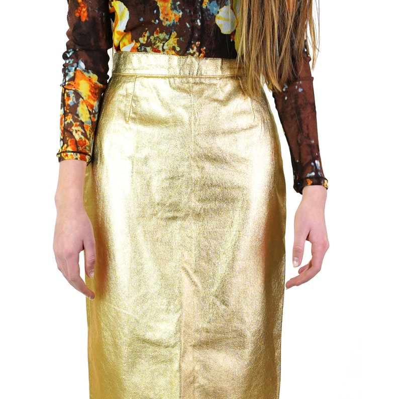 French Metallic Gold Leather Pencil Skirt Women/'s Size Small Vintage 70s