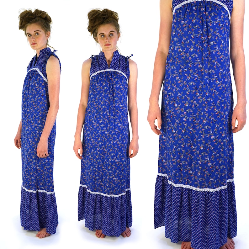Indian Cotton Sundress Vintage 70s Handmade Boho Sleeveless Maxi Dress Size Extra Small