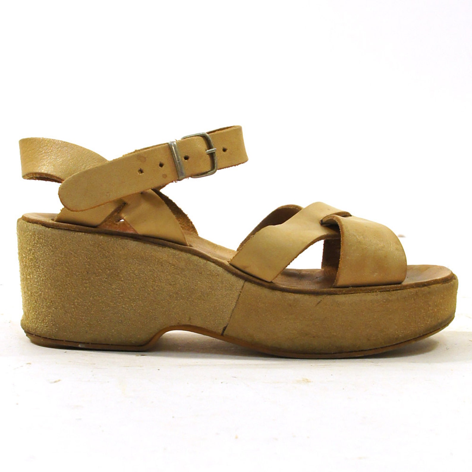 70s Greek Platform Wedge Sandals / Tan Leather & Suede / Etsy