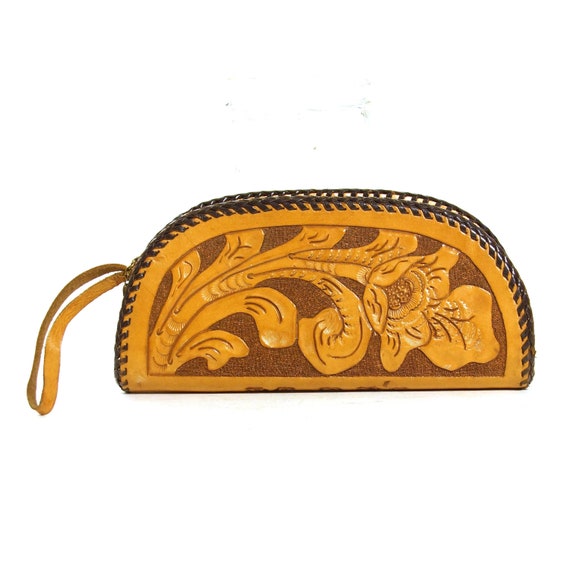 Tooled Leather Clutch Bag Vintage 70s Southwester… - image 1