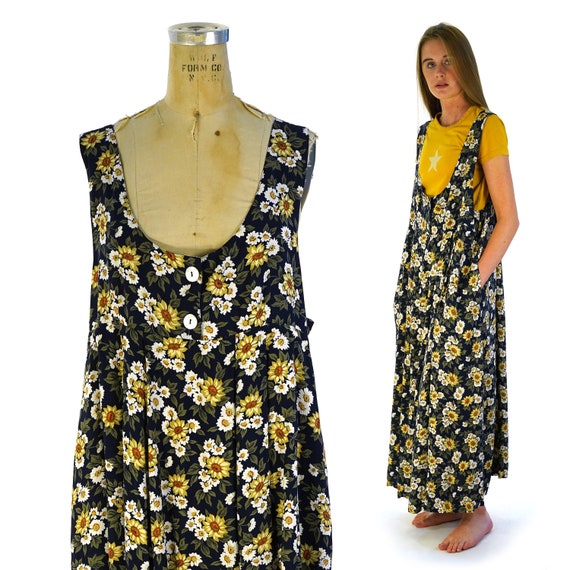 90s Floral Rayon Baby Doll Maxi Dress Vintage Size