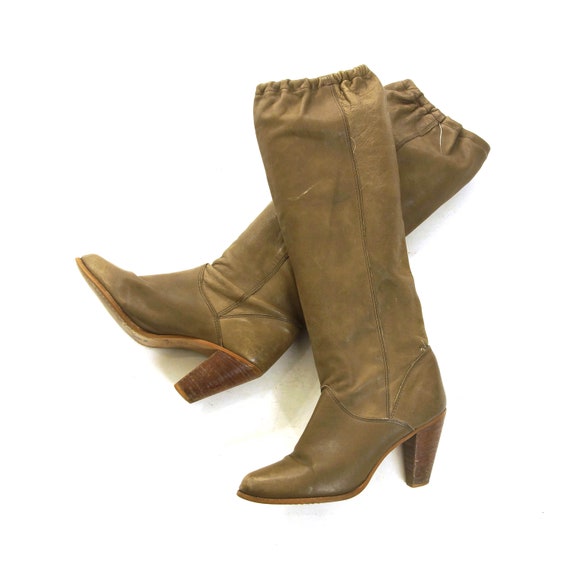 80s Slouchy Leather Boots Vintage Knee High Mushro